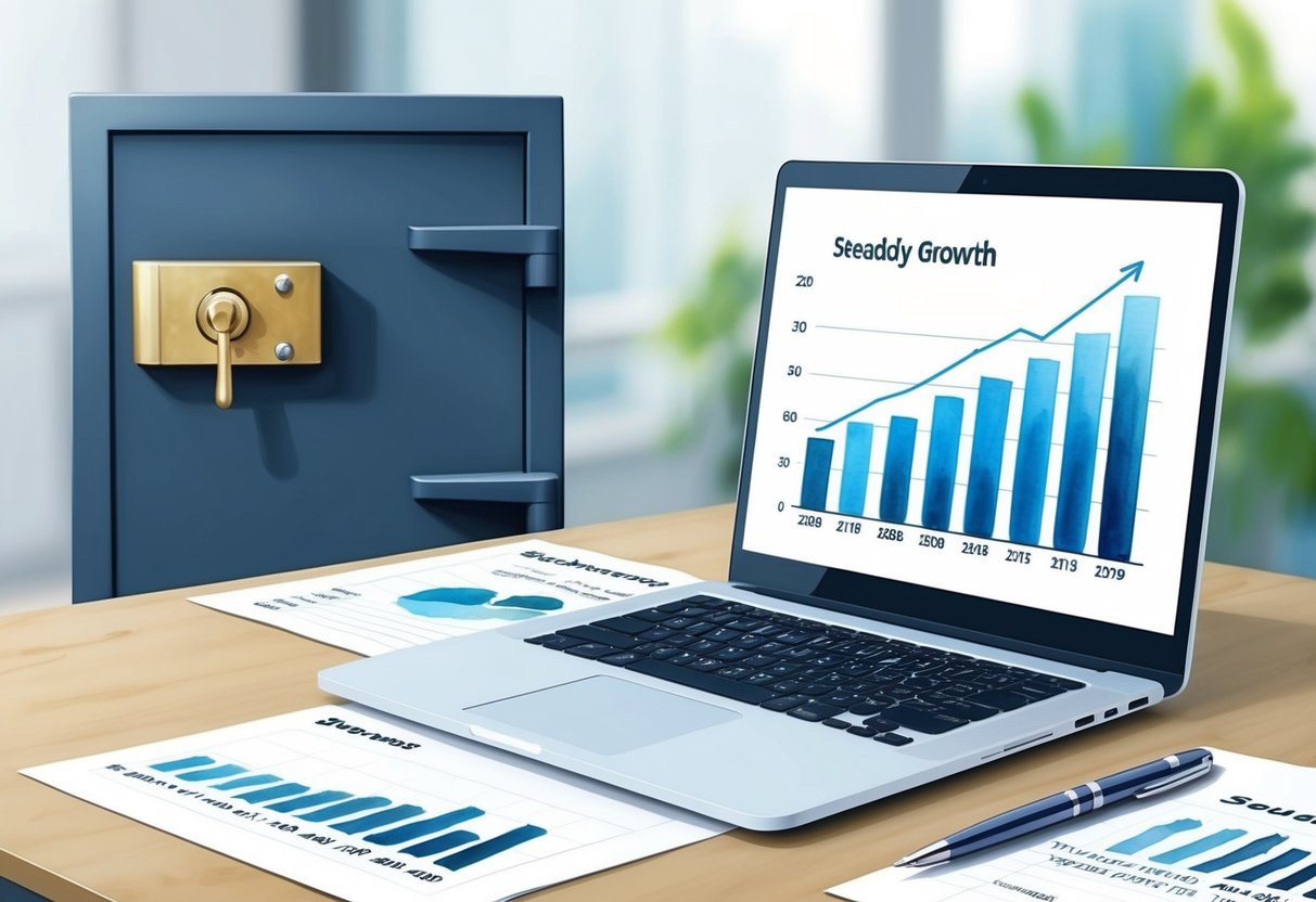 A modern office desk with a laptop, financial documents, and a sleek pen. A chart showing steady growth over three years. A secure safe in the background