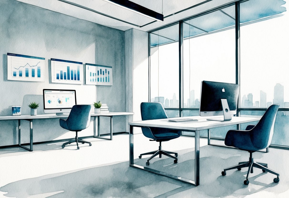 A sleek, modern office space with a minimalist desk, computer, and charts on the wall. A sense of innovation and efficiency