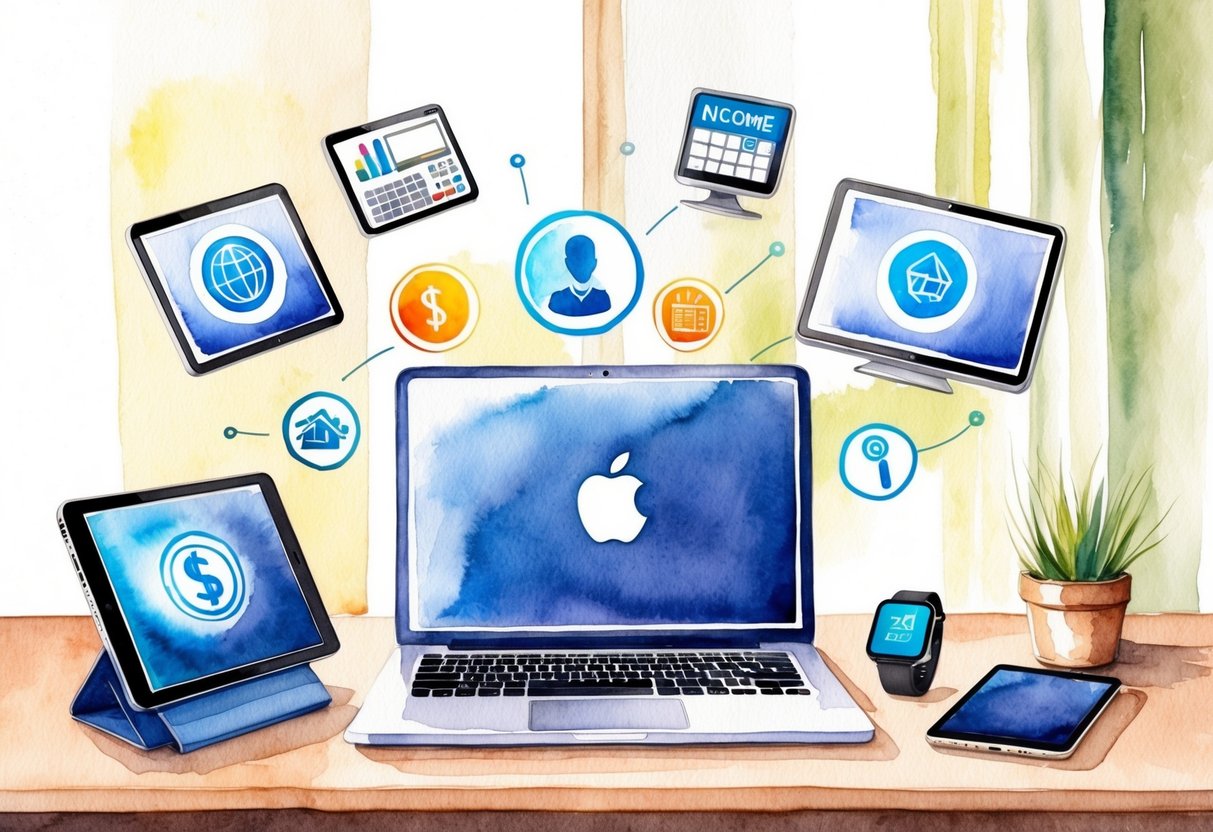 A laptop, smartphone, tablet, and smartwatch arranged on a desk with various income-generating icons and symbols floating above them