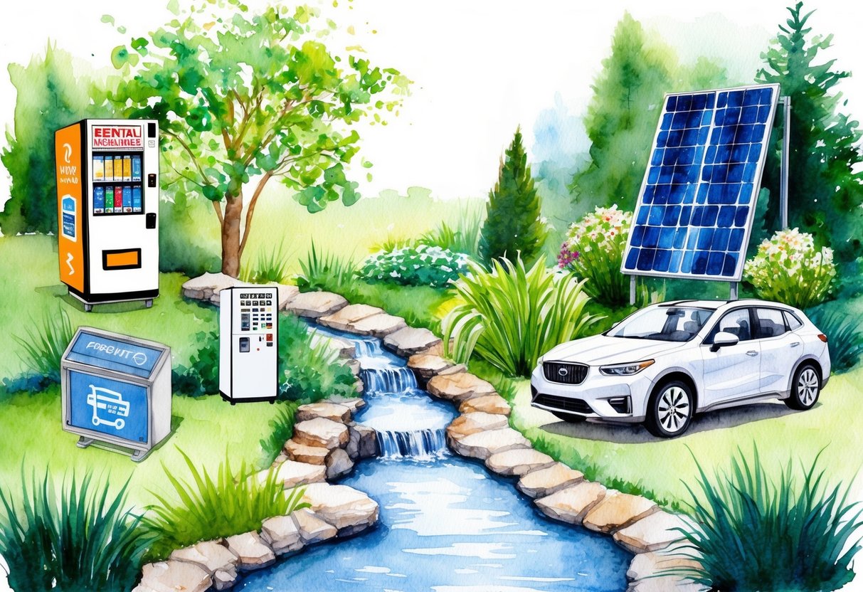 A tranquil garden with a flowing stream, surrounded by various income-generating elements such as a rental property, a vending machine, a solar panel, a rental car, and a small online business