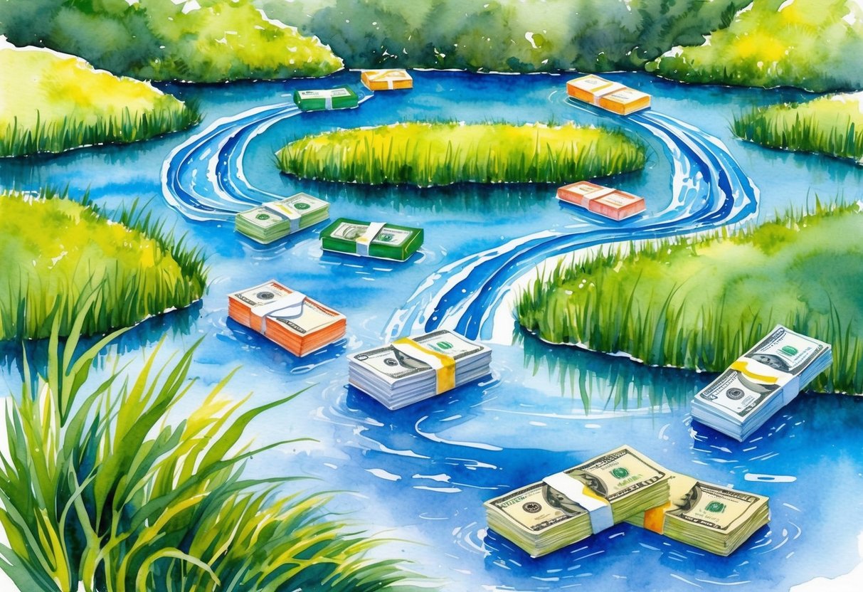 A serene pond with multiple streams flowing into it, surrounded by lush greenery and various financial products floating on the water