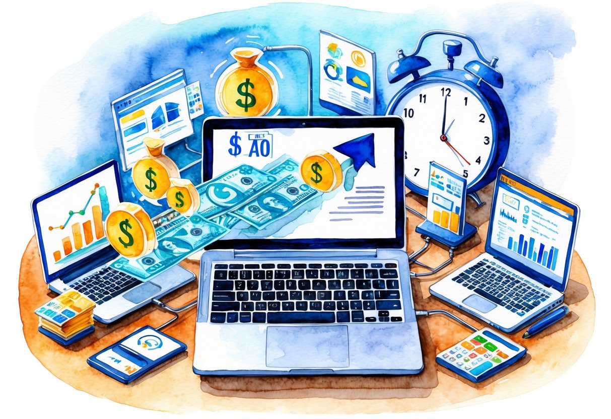 A laptop surrounded by various automated business tools with money flowing into a bank account while a clock shows nighttime
