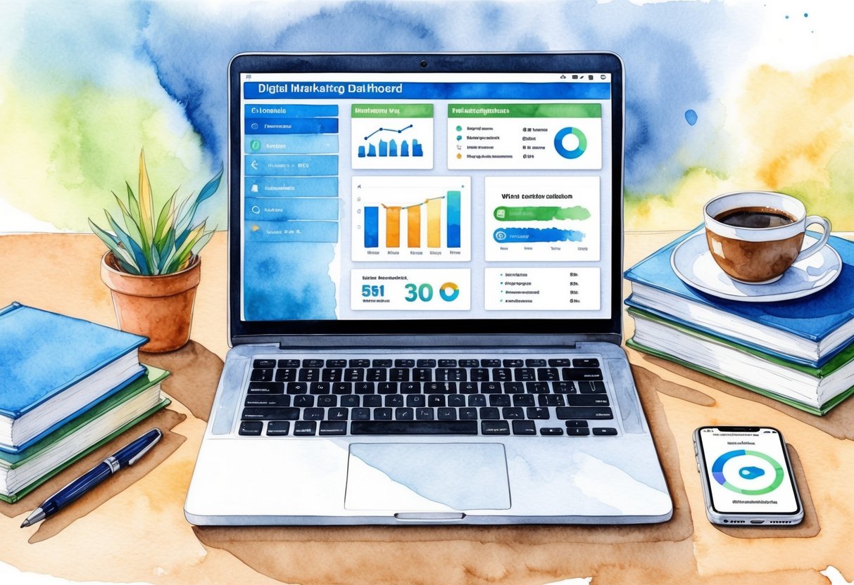 A laptop and smartphone sit on a desk, surrounded by books and a cup of coffee. A digital marketing dashboard is displayed on the screen, showing automated processes and passive income streams