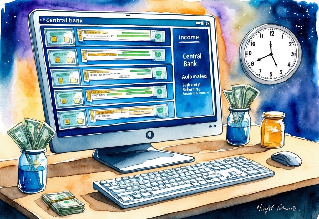 A computer screen displaying multiple streams of income flowing into a central bank, with automated processes and a clock indicating nighttime