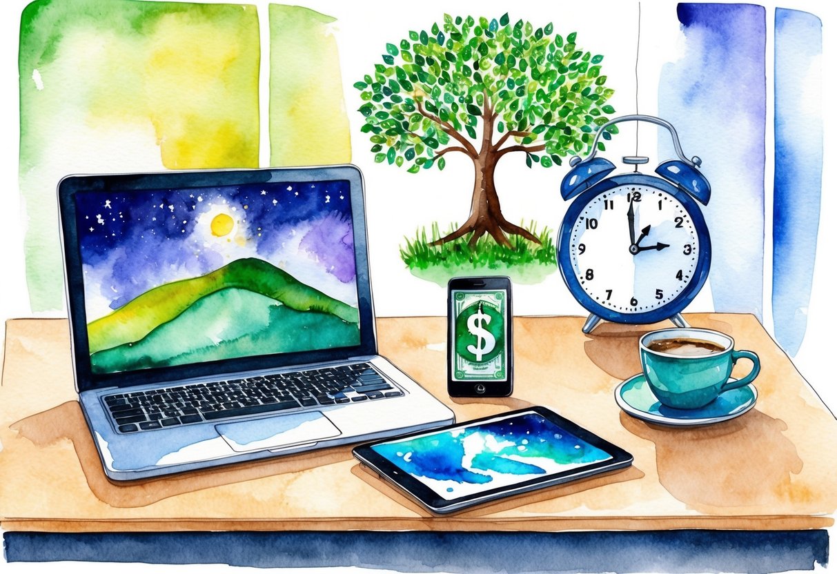 A laptop, tablet, and smartphone sit on a desk with a cup of coffee, while a graphic of a money tree grows from a clock showing midnight