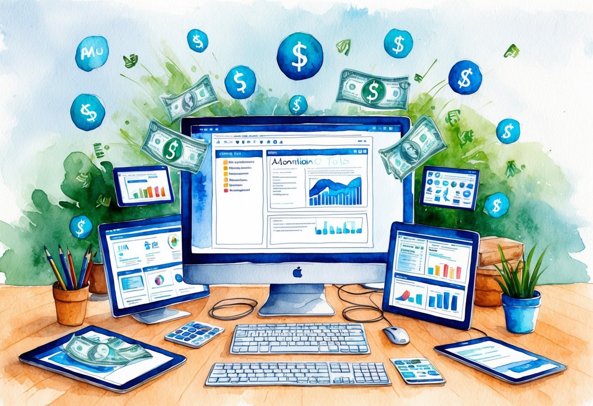 A computer screen surrounded by various automation tools and software, with money symbols floating above, representing passive income generation