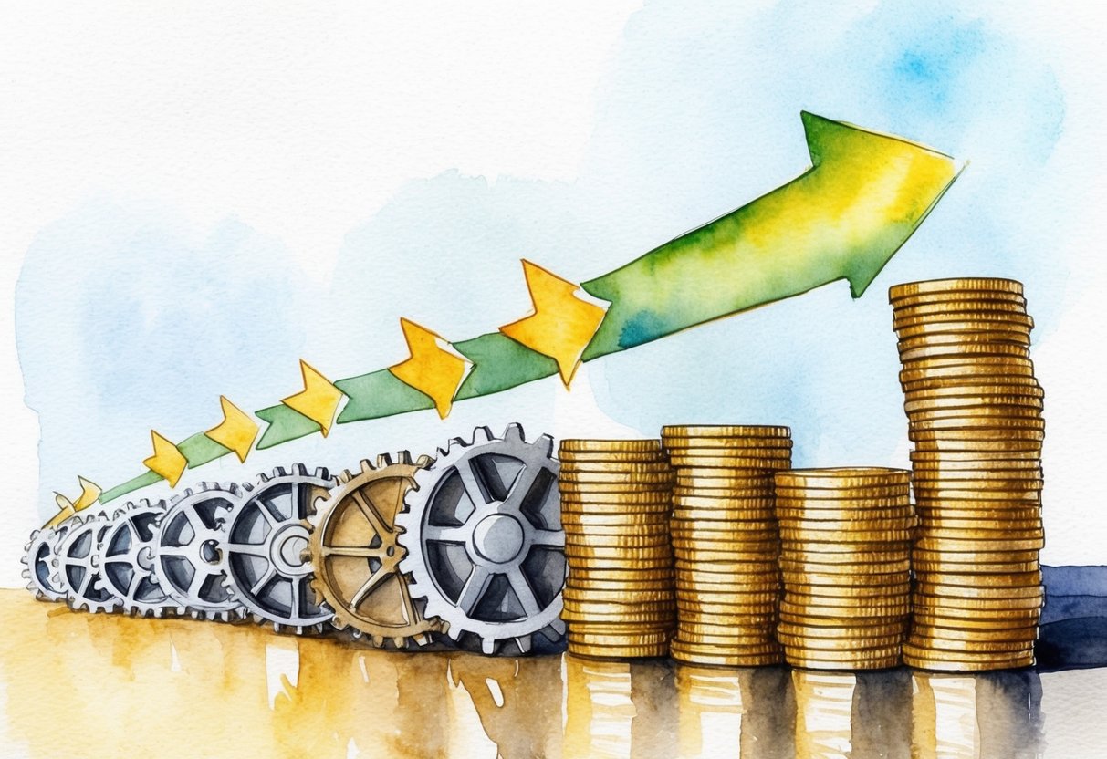 A row of interconnected gears turning smoothly, with arrows pointing upwards and stacks of coins symbolizing success and passive income