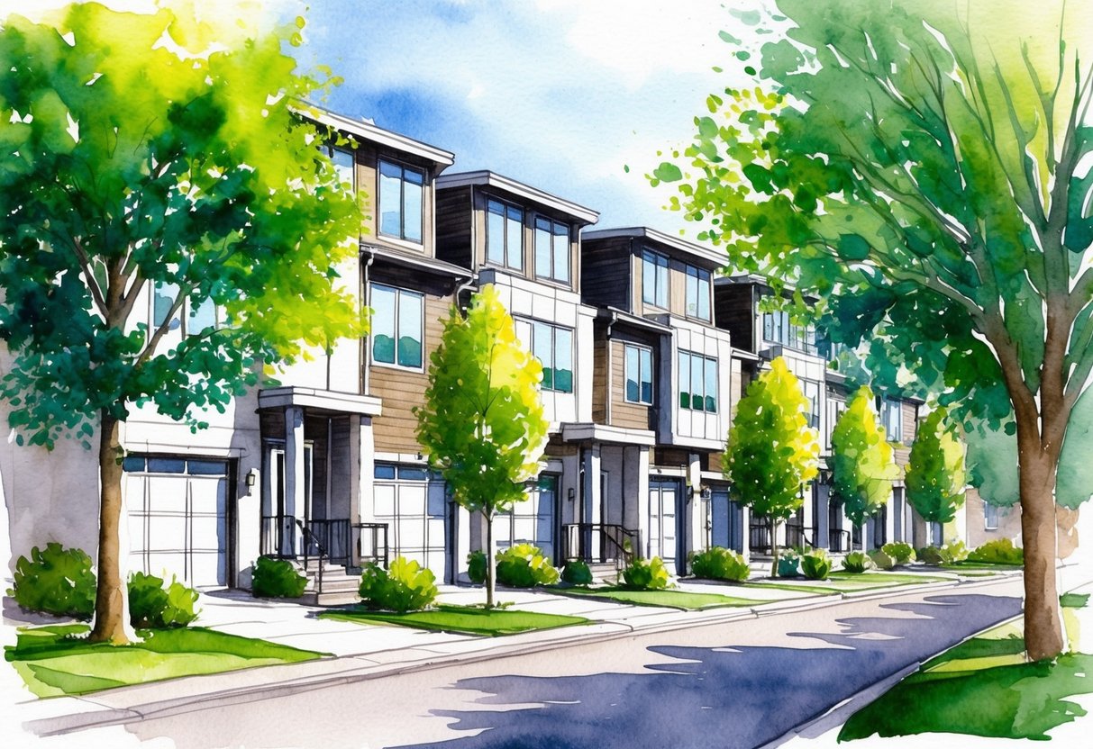 A row of modern townhouses surrounded by lush green trees in Minneapolis, MN