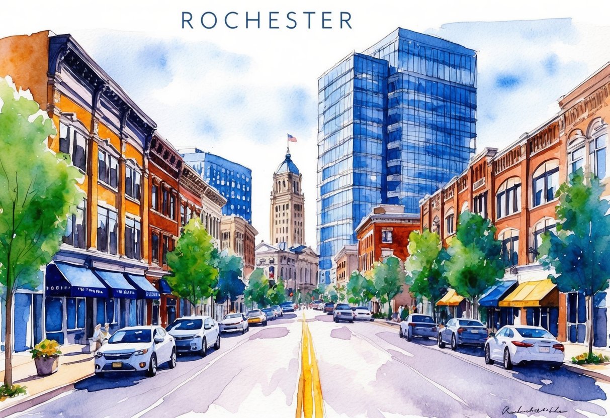 A bustling downtown street in Rochester, MN, lined with historic buildings and modern high-rises, showcasing the city's growth and potential for real estate investing
