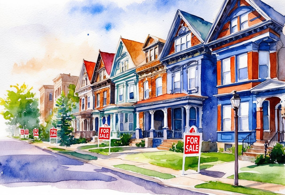 A row of historic homes in Saint Paul, MN with "For Sale" signs in front