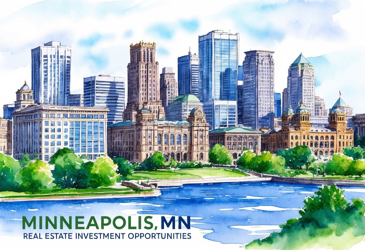 A bustling urban skyline with a mix of modern high-rise buildings and historic architecture, surrounded by lush greenery and bodies of water, symbolizing real estate investment opportunities in Minneapolis, MN