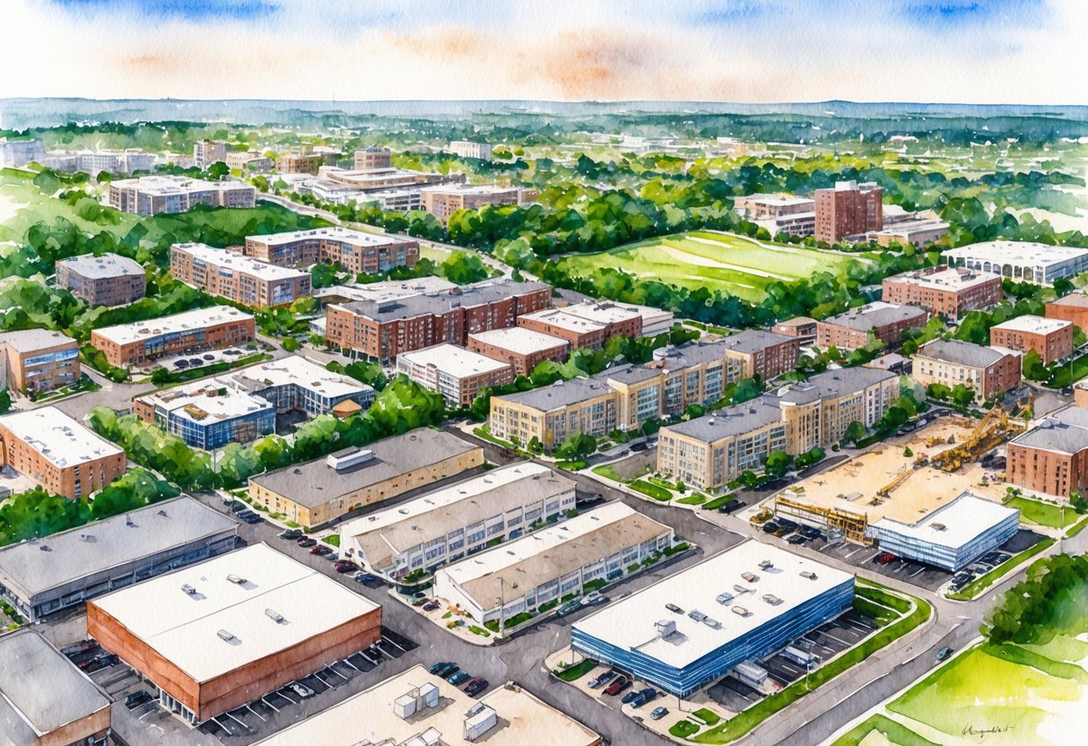 Aerial view of downtown Rochester, MN with various real estate properties and construction sites