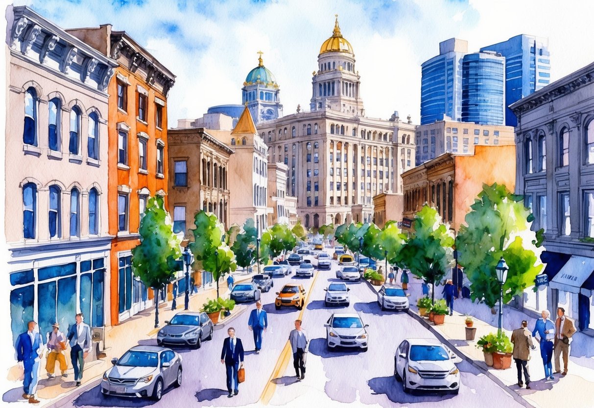 A bustling urban scene in downtown Saint Paul, MN, with a mix of historic and modern buildings, and people engaged in various real estate investment activities