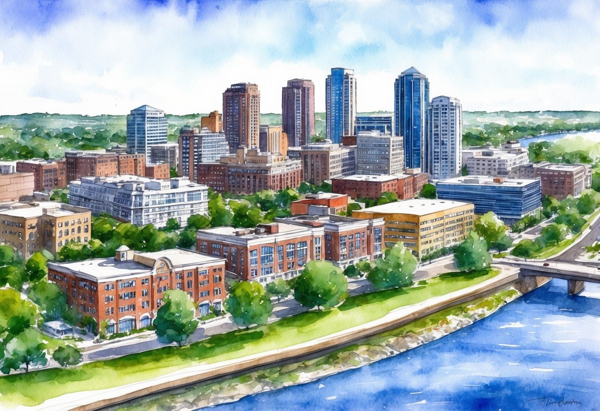 A skyline of Minneapolis, MN with various real estate properties, including residential and commercial buildings, surrounded by trees and a river