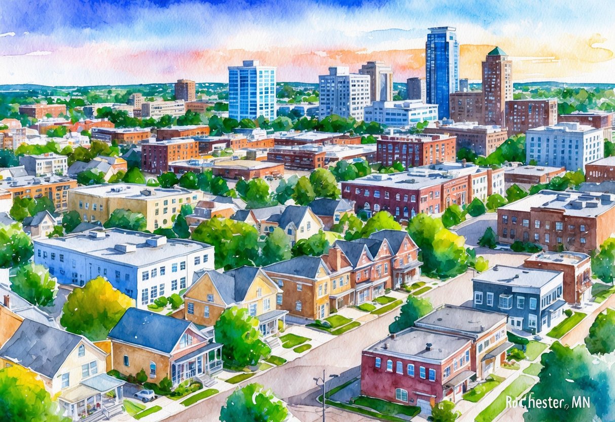 A vibrant cityscape of Rochester, MN with various real estate properties, including residential homes, commercial buildings, and investment opportunities