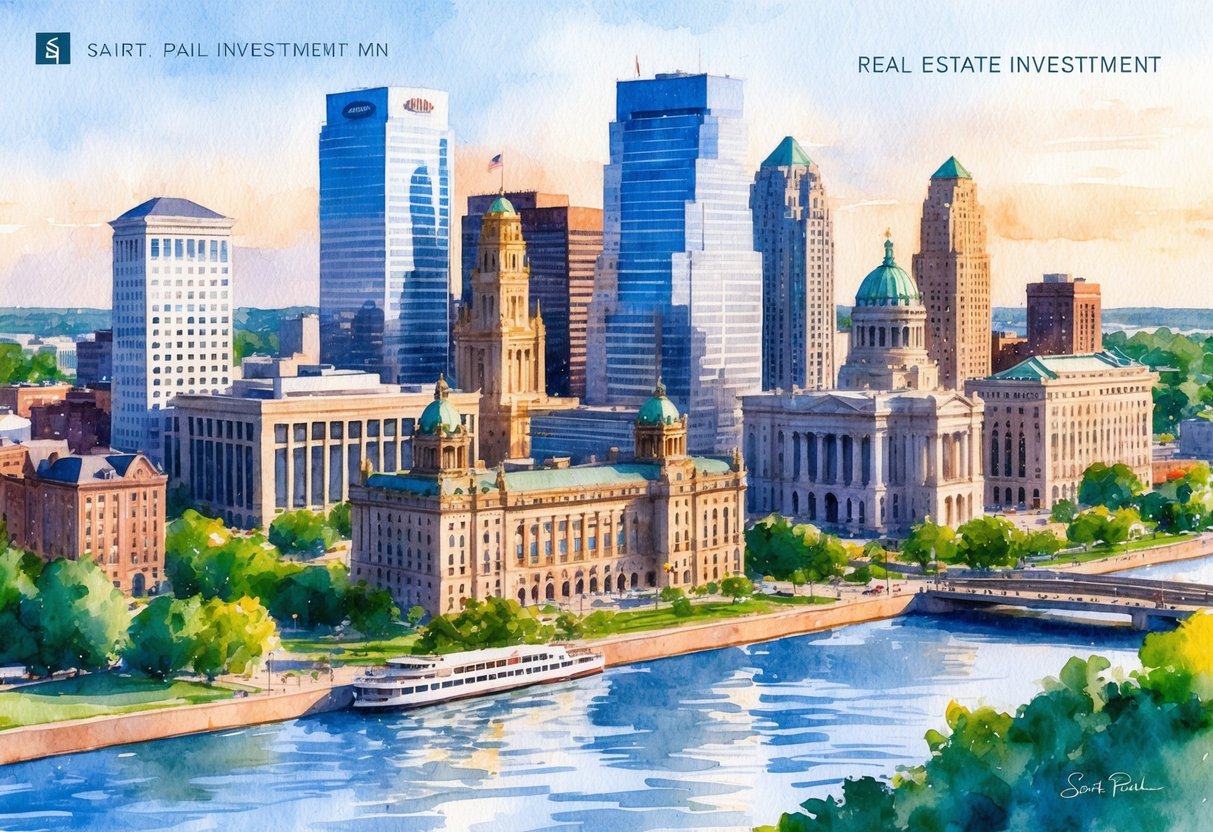 A bustling cityscape with modern skyscrapers and historic buildings, surrounded by lush greenery and the Mississippi River, symbolizing real estate investment in Saint Paul, MN