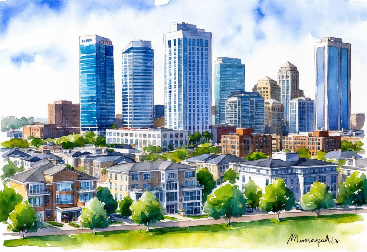 A bustling cityscape with modern high-rise buildings and well-maintained residential properties in Minneapolis, MN