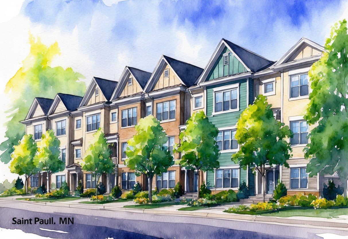 A row of well-maintained residential properties in Saint Paul, MN, with a mix of single-family homes and multi-unit buildings, surrounded by lush greenery and well-kept landscaping