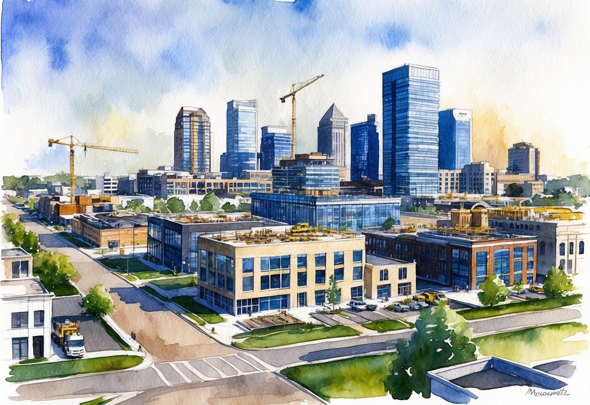 A bustling cityscape with modern buildings and construction sites, showcasing the growth and development of emerging neighborhoods in Minneapolis, MN