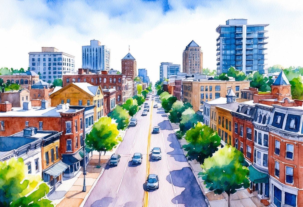 A bustling city street in Rochester, MN, lined with diverse real estate properties, from historic homes to modern high-rise buildings