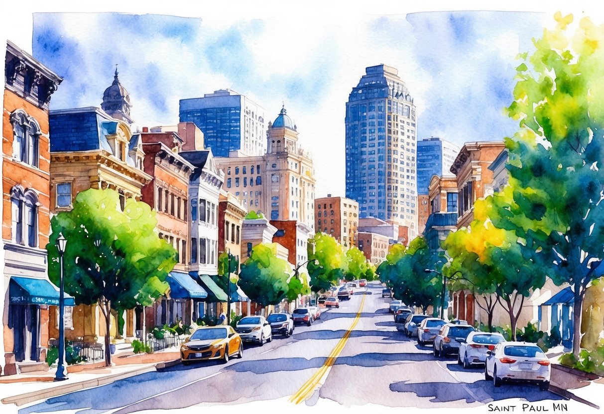 A bustling city street in Saint Paul, MN lined with diverse real estate properties, from historic homes to modern apartment buildings