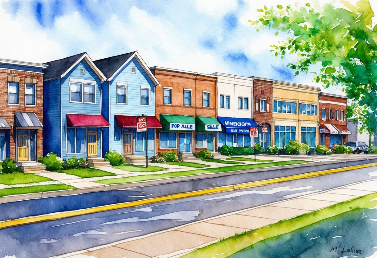 A row of diverse real estate properties in Minneapolis, MN, including houses, apartments, and commercial buildings, with "For Sale" signs displayed