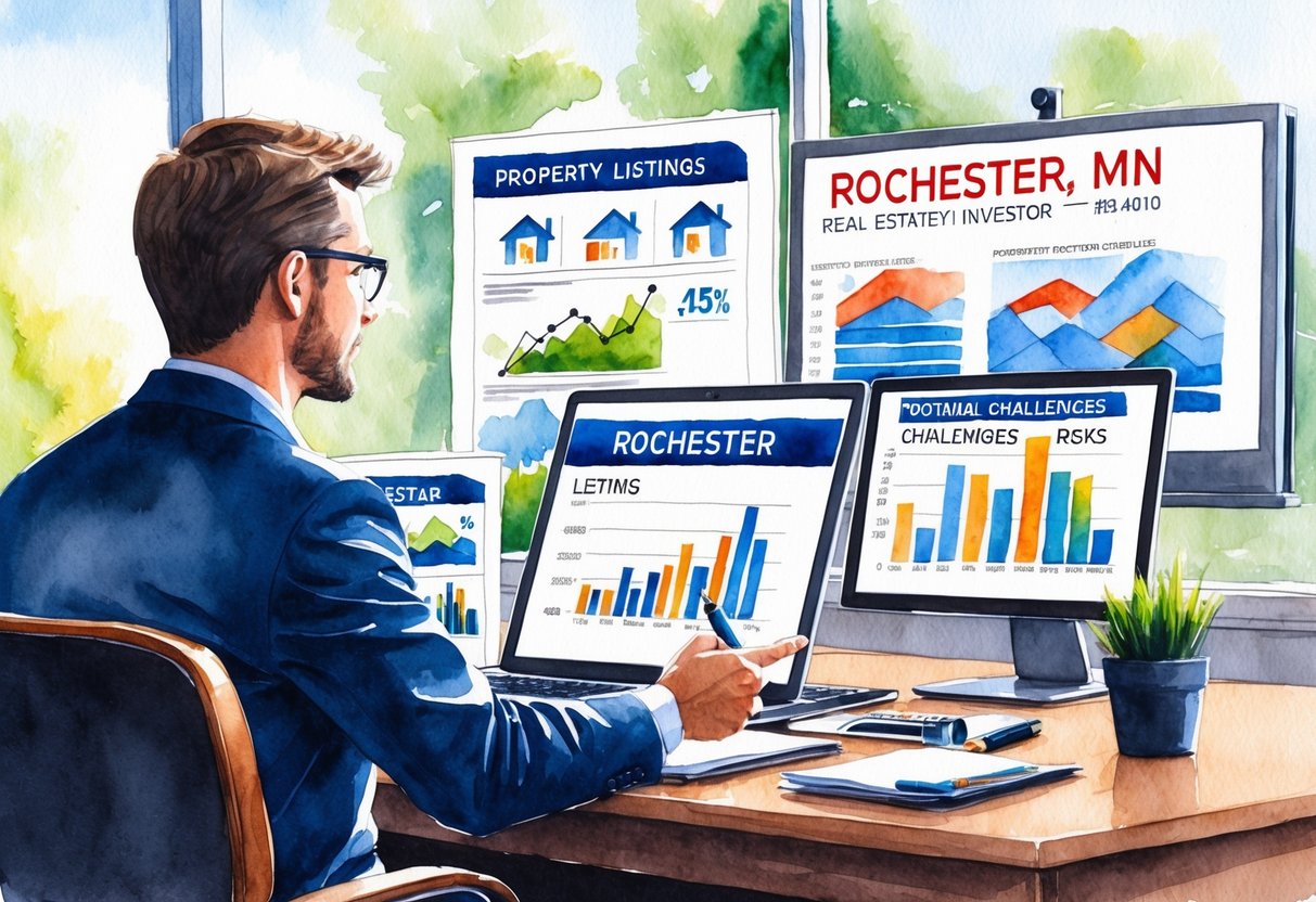 A real estate investor reviewing property listings in Rochester, MN, with charts and graphs showing potential challenges and risks