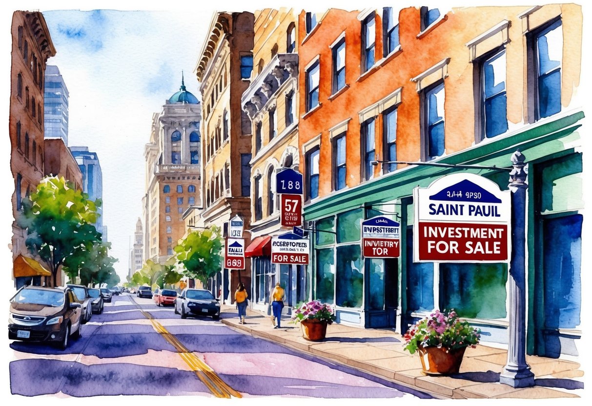 A bustling city street in Saint Paul, MN, with real estate signs and buildings showcasing investment properties for sale