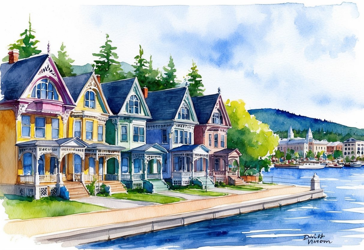 A row of charming Victorian homes in Duluth, MN, with a scenic view of Lake Superior and a bustling downtown nearby