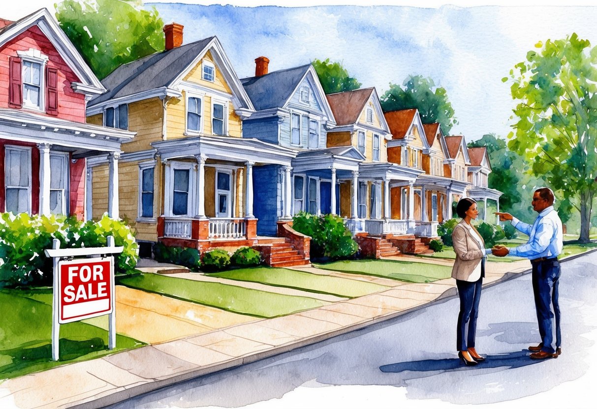 A row of historic homes in Jackson, MS, with "For Sale" signs out front. A real estate agent shows a couple a charming bungalow