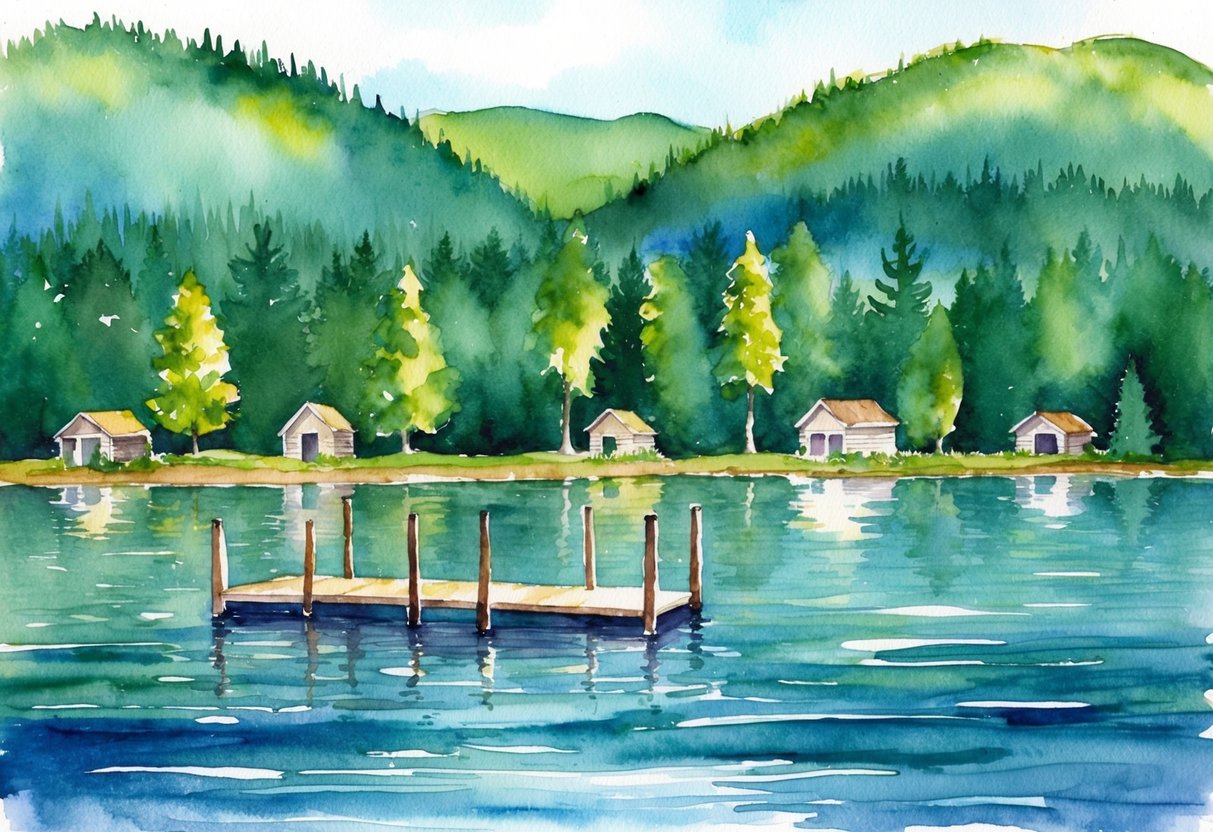 A serene lake surrounded by lush green forests, with a few cabins scattered along the shoreline, and a dock extending into the calm water