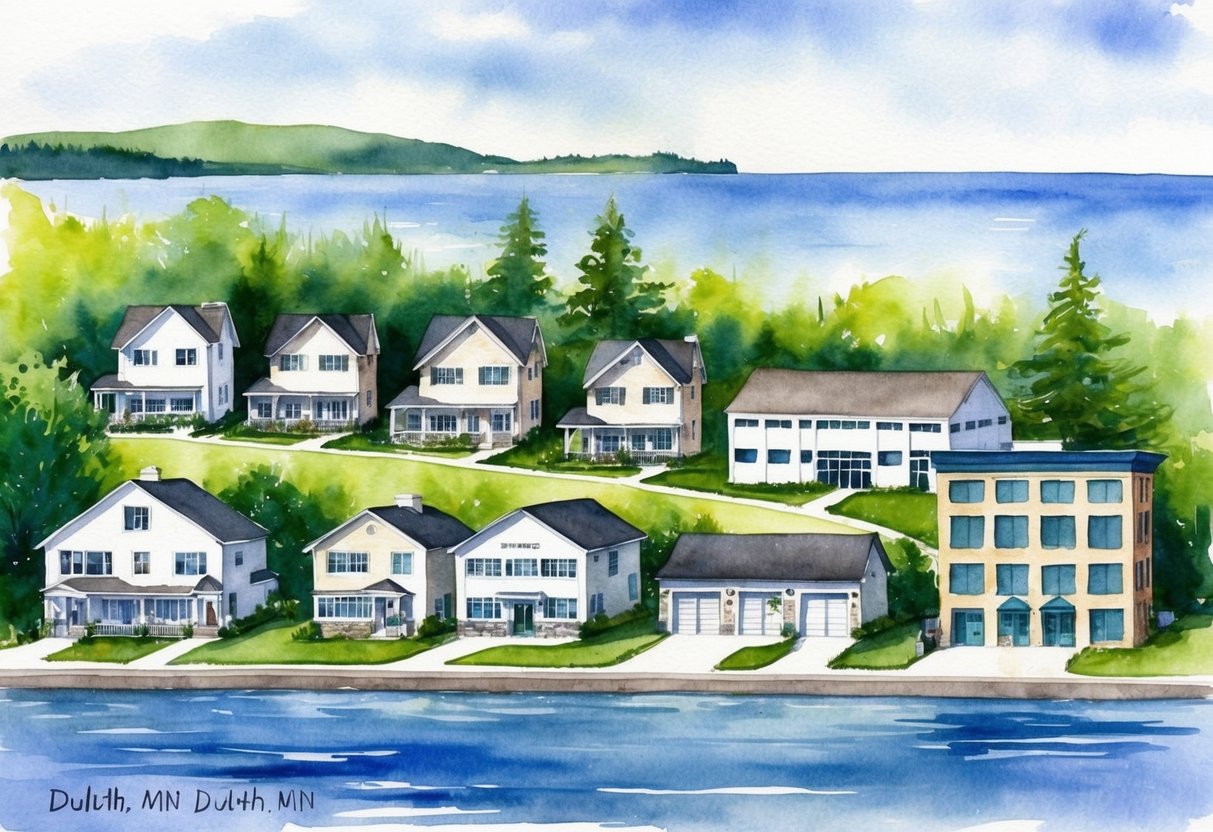 A row of diverse properties in Duluth, MN, including single-family homes, duplexes, and commercial buildings, set against a backdrop of lush greenery and Lake Superior