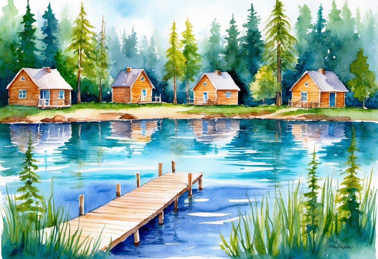 A serene lake surrounded by lush forests and charming cabins, with a dock stretching out into the water