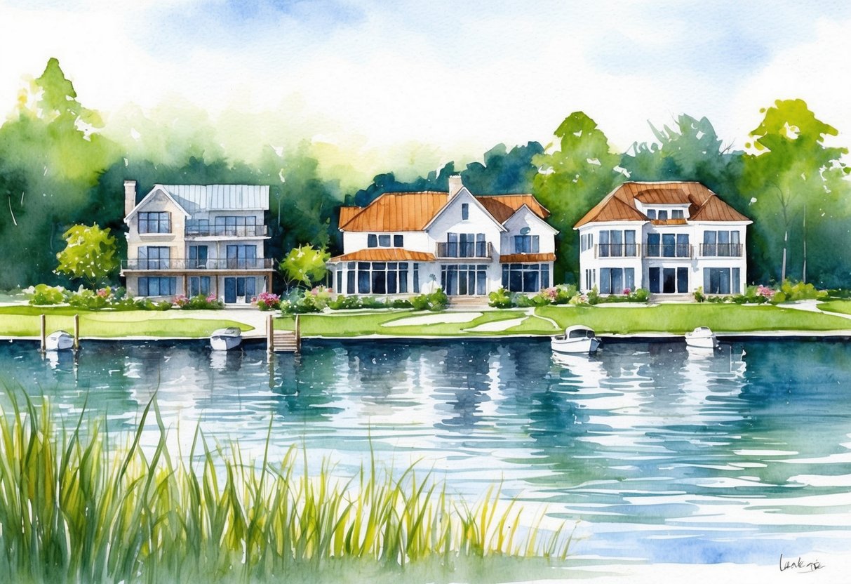 A serene lakeside landscape with a mix of modern and traditional homes, surrounded by lush greenery and calm waters