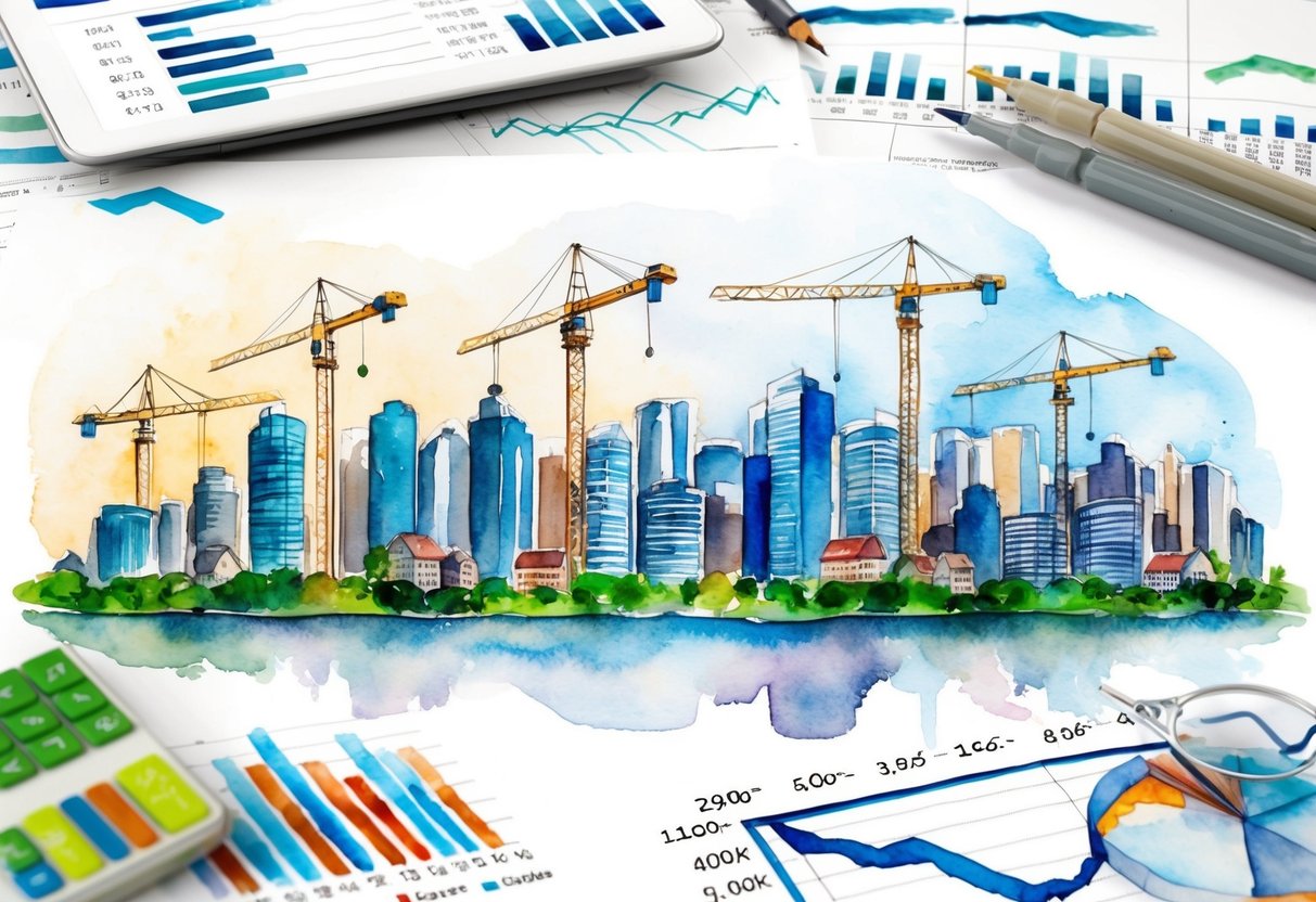 A bustling city skyline with rising property values and construction cranes, surrounded by charts and graphs of economic indicators