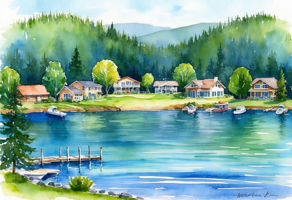 A serene lake surrounded by lush forests, with various types of properties such as cabins, cottages, and waterfront homes dotting the shoreline