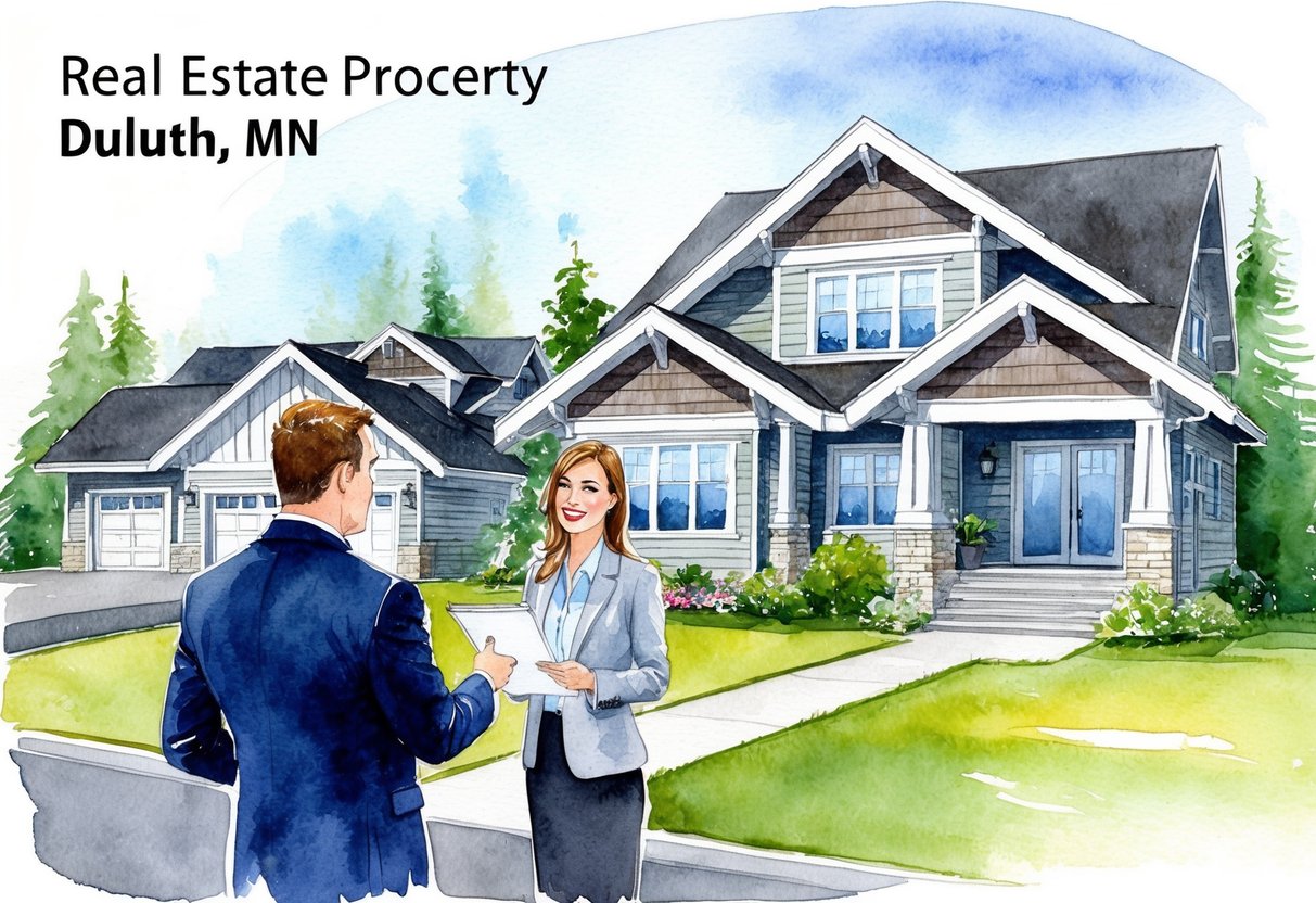 A real estate agent showing a property to a potential buyer in Duluth, MN. The agent is explaining the purchase process while the buyer looks around the property