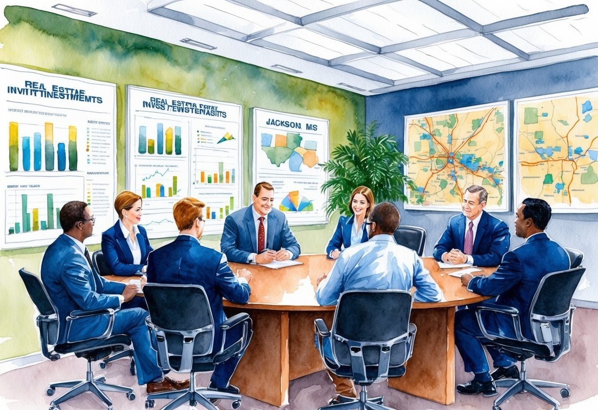 A busy office with professionals discussing real estate investments in Jackson, MS. Charts, graphs, and maps on the walls