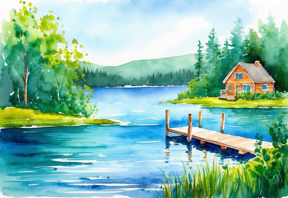 A serene lake surrounded by lush greenery, with a dock and a quaint cabin, symbolizing the potential for real estate investing in lake regions