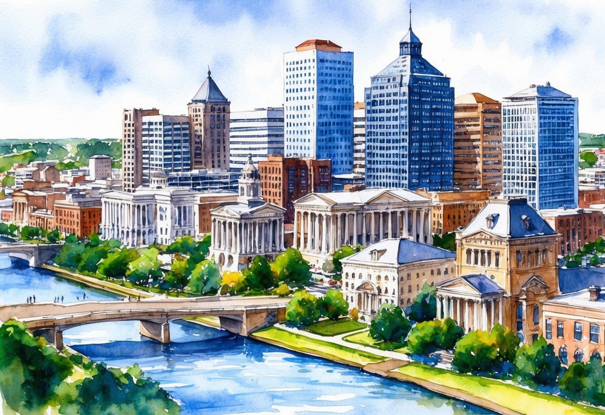 A bustling city skyline with a mix of modern high-rise buildings and historic architecture, surrounded by lush greenery and a river, with "Jackson, MS" prominently displayed