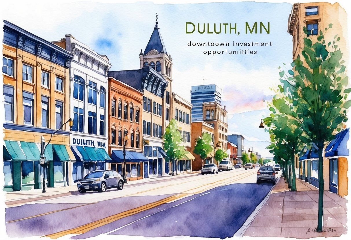A bustling downtown street in Duluth, MN, with a mix of historic and modern buildings, showcasing real estate investment opportunities