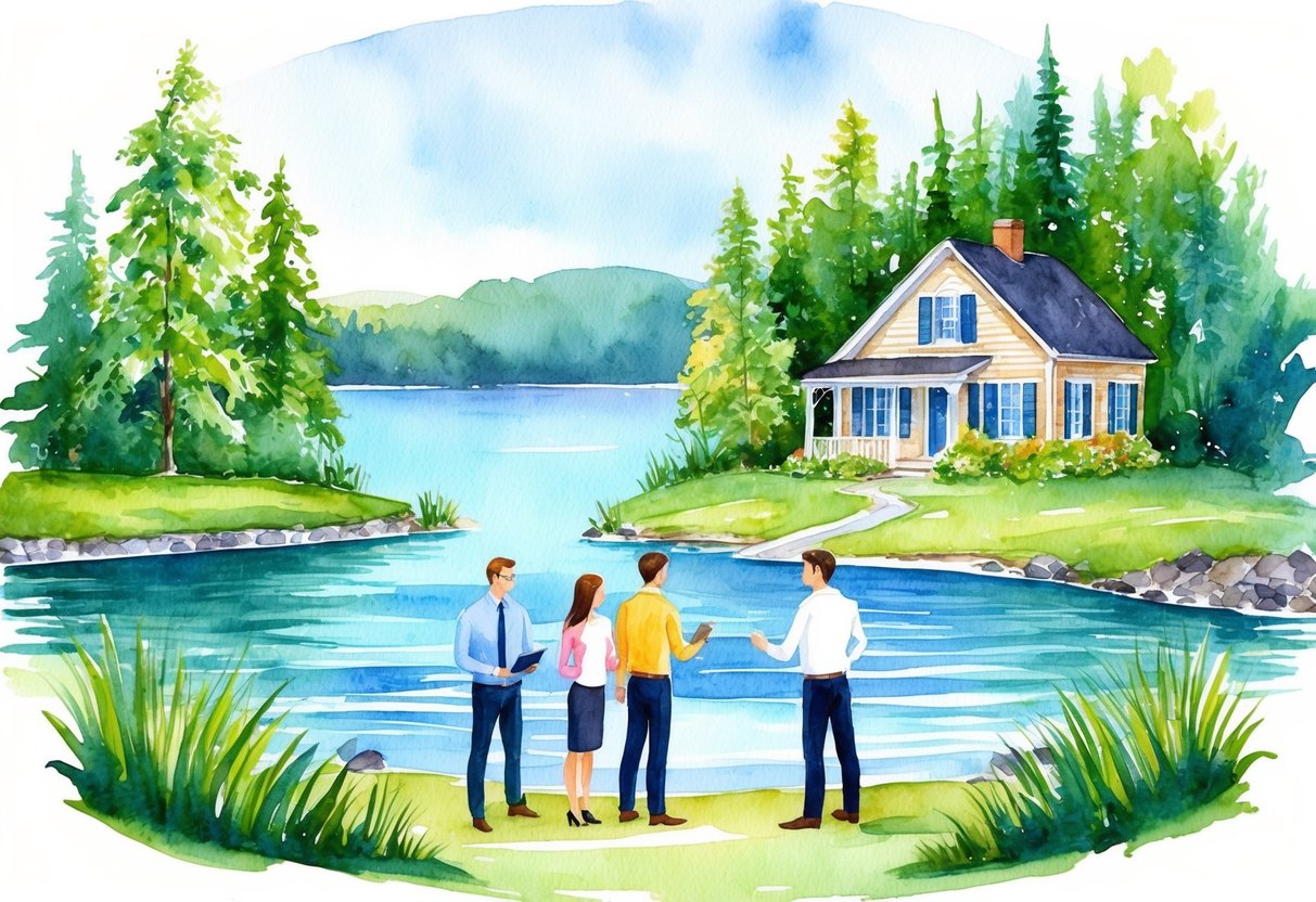 A serene lake surrounded by lush greenery, with a charming house nestled on the shore. A real estate agent guides a couple through the process