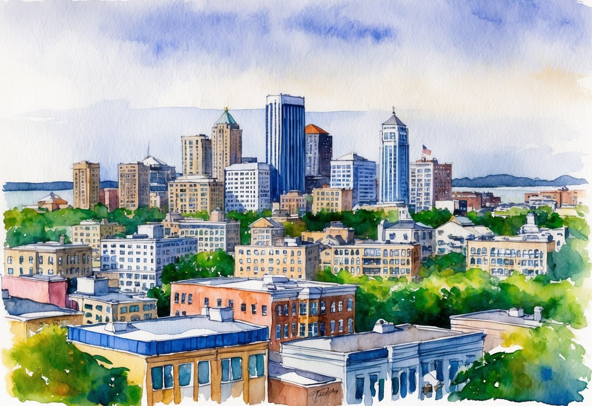 A bustling Duluth skyline with various real estate properties in the foreground, contrasting with other market cityscapes in the background