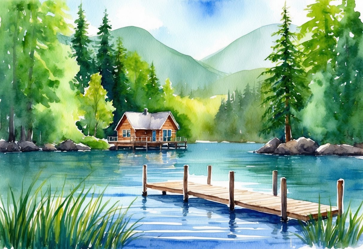 A serene lake surrounded by lush green forests, with a dock stretching out into the water and a cozy cabin nestled among the trees