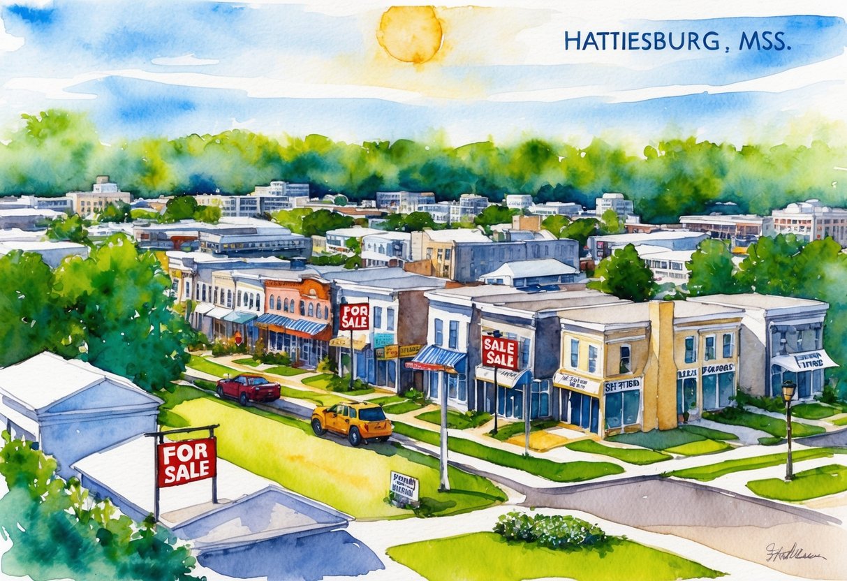 A bustling cityscape in Hattiesburg, MS featuring rows of residential and commercial properties with "For Sale" signs, surrounded by lush greenery and a sunny sky