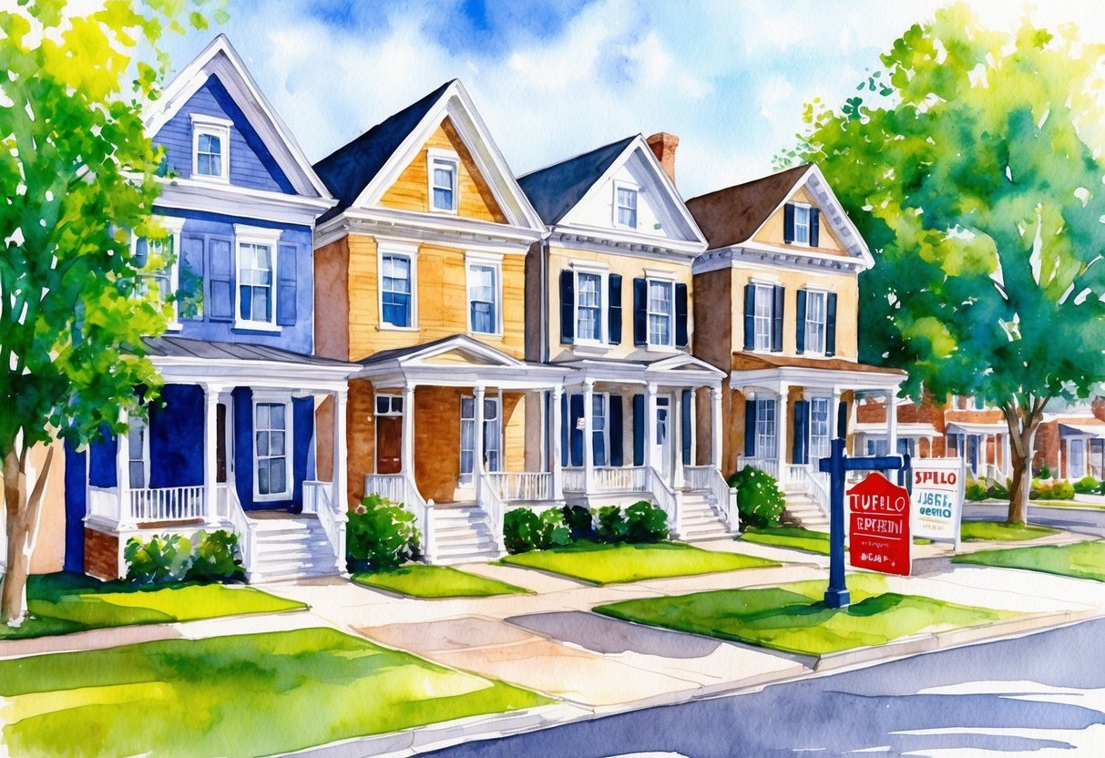 A sunny day in Tupelo, MS, with a row of charming historic homes and modern buildings, surrounded by lush greenery and a bustling real estate market