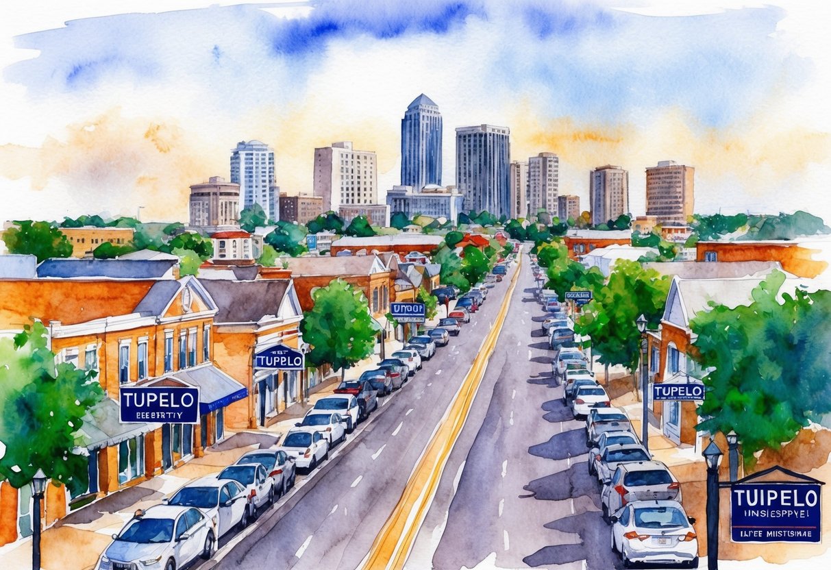 A bustling street in Tupelo, Mississippi, lined with various real estate properties and investment opportunities. The city's skyline in the background showcases the growing real estate market