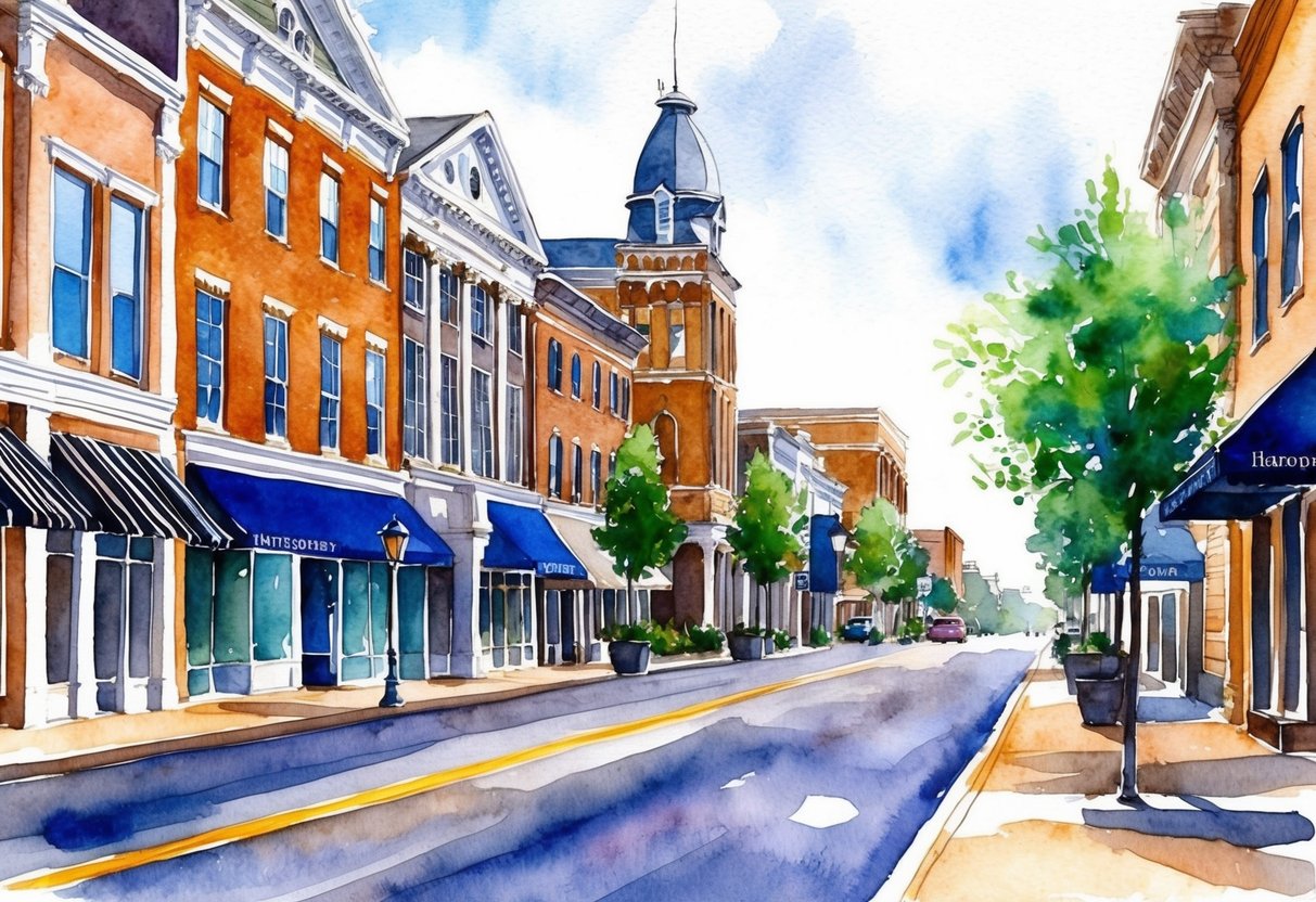 A bustling downtown street in Hattiesburg, Mississippi, lined with historic buildings and modern developments, showcasing the city's appeal for real estate investors