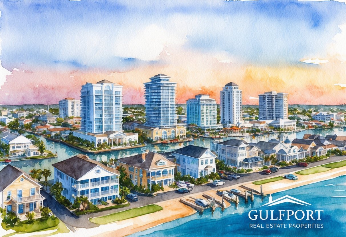 A bustling Gulfport cityscape with diverse real estate properties and investment opportunities