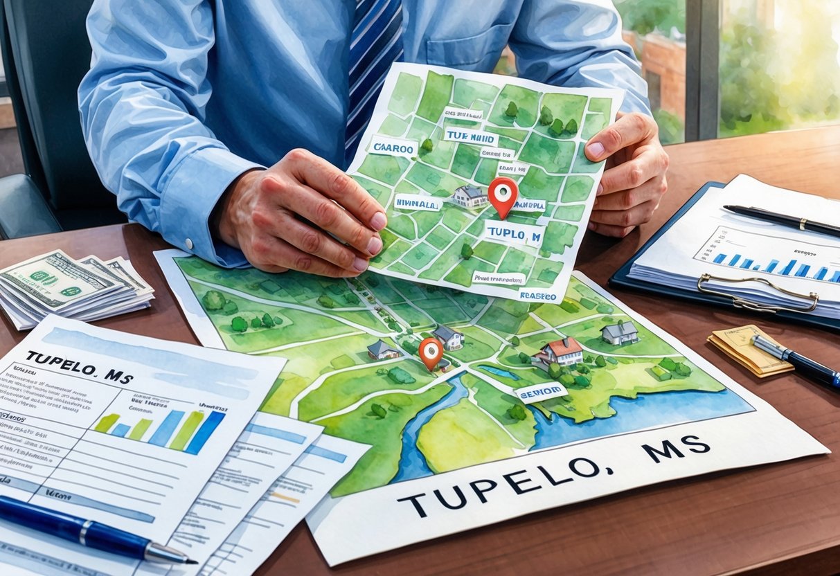 An investor examining a map of Tupelo, MS with various real estate properties marked and financial documents spread out on a desk